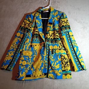 Intempo Women’s Versace Style Blazer Gold Baroque Print Blue Black Size M